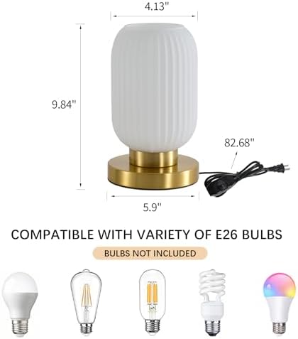 White Glass Table Lamp,Vintage Gold Base Ribbed Bedside Lamp - Image 3