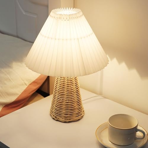 Pleated Small Table Lamp: Bedside Night Light with Rattan Base, Vintage Style Soft Warm Glow for Bedroom, Living Room Decor - Image 3