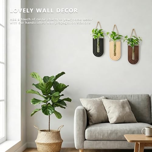Wood Wall Planter Set of 3, Propagation Station with Glass Tubes, Boho Wall Decor Hanging Vase for Dried Flowers, Farmhouse Wooden Plant Holder for Living Room Bedroom, Rainbow U-Shaped - Image 4