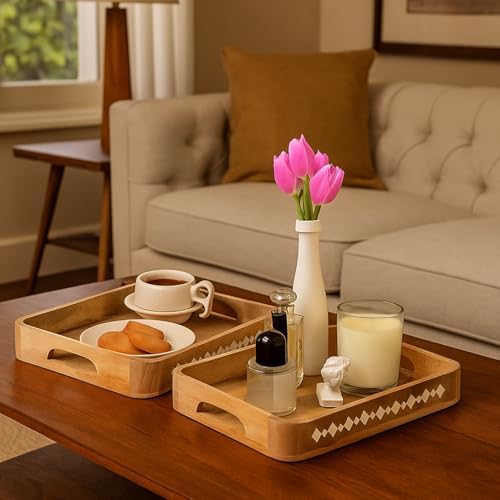Mela Artisans Rounded Mango Wood Serving Tray Set - Natural, 15" and 13.5" - Image 2
