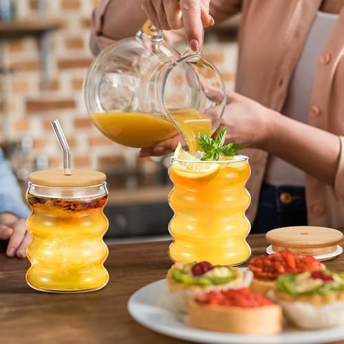 Tessco for you 4 Pcs Creative Glass Cups with Lids and Straws Brush, 12 oz Aesthetic Cup Iced Coffee Glasses Clear Ribbed Glassware Wave Tumbler Drinking Cups for Juice Coffee Beverage Bubble Tea - Image 6
