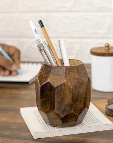Mie Creations Geometric Wooden Pencil Holder for Desk Table | Wood Pen Cup Stand for Office, Cute Desktop Organizer for Makeup Brushes, Stationery Decor | Rustic Christmas Holiday Gifts- Brown 4'' - Image 4