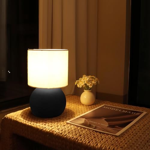 Modern Black Small Table Lamp with Cotton Linen Shade, 6.2×6.2×10.4 inch LED Desk Light, One-Button Switch for Bedroom, Living Room, Nightstand, Includes Warm Light Bulb - Image 2