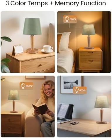 12" Wood Bedside Table Lamps Set of 2, Small Desk Lamps for Small Places, 3 Color Temperatures with Memory, Green Linen Shade & E26 Bulbs, for Bedroom Living Room Office MJ13TLP205 - Image 2
