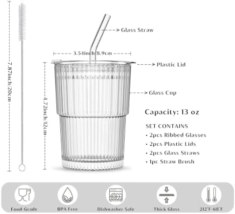 INSETLAN 13oz Glass Tumbler with Lid and Straw 2 Pack - Ribbed Glass Cup Iced Coffee Glasses, Clear Leakproof Tumbler Cup for Smoothies, Iced Latte,Matcha, Cold Drinks - Image 3