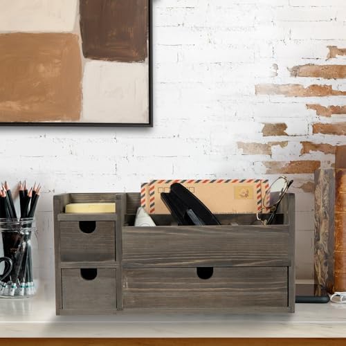 Rock Grey Wooden Desktop Organizer 3 Drawers Office Supplies Storage Caddy Stationery Box Mail Holder Note Pads Makeup Tools Cosmetics by EXOLIRY