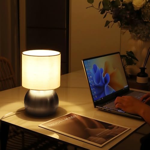 Modern Silvery Small Table Lamp with Cotton Linen Shade, 6.2×6.2×10.4 inch LED Desk Light, One-Button Switch for Bedroom, Living Room, Nightstand, Includes Warm Light Bulb - Image 4
