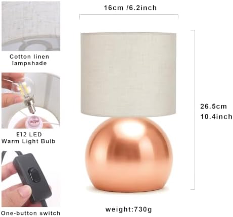 Modern Rose Gold Table Lamp Set of 2, 6.2X6.2X10.4 Inch Small Bedside Nightstand Light, with Linen Shade and Included LED Bulb, for Bedroom Living Room - Image 6