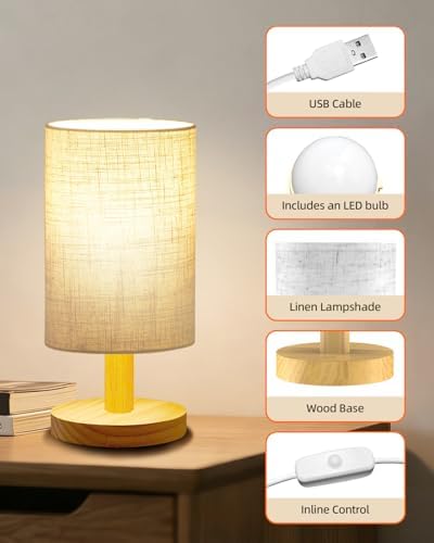 Small Table Lamp for Bedroom - Inline Control, Bedside Lamp for Warm Light LED Desk Lamp, Wood Base Round Flaxen Fabric Shade for Kids Room, Living Room, College Dorm, Home, Office - Image 3