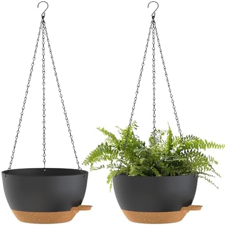 10 Inch Hanging Baskets 2 PC with Chains, Self-Watering Hanging Planters for Indoor Outdoor Plants, Plastic Hanging Flower Pots,Black Brown by SQKH