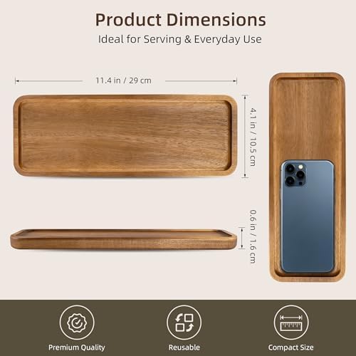 Small Acacia Wood Serving Tray, Wooden Decorative Tray for Coffee Table, Kitchen, Bathroom Counter - Rectangular Wood Platter for Candles, Perfume, Snacks (11.4 x 4.1 x 0.6 in) - Image 2
