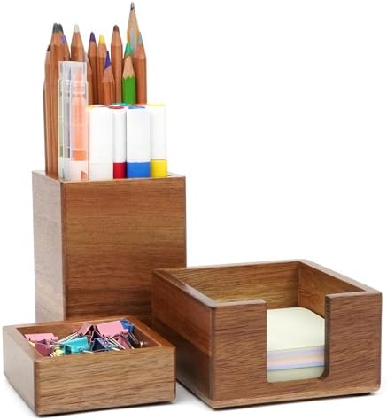 RAWILL 3 PCS Brown Wooden Desk Organizer Set Pine Wood Office Desk Accessories with Pen Holder, Paperclip Storage and Sticky Note Holder, Wood Grain Clear, Ideal Gift for Office and Family by RAWILL