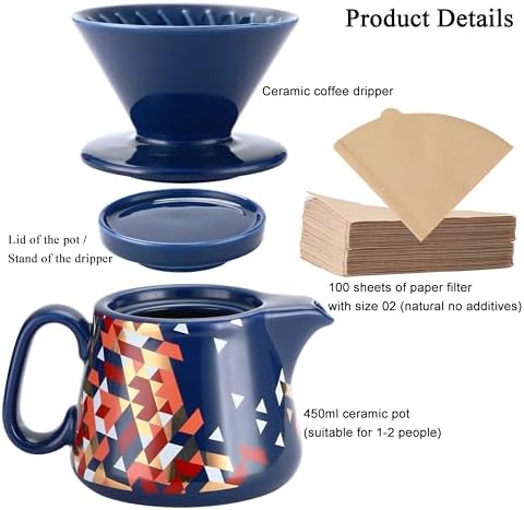 Pour Over Coffee Maker, Ceramic Coffee dripper with 100 pcs Paper Filter, Ceramic coffee Server with Lid, 15.5oz/450 ml, Suitable for 1-2 people (Blue) - Image 2