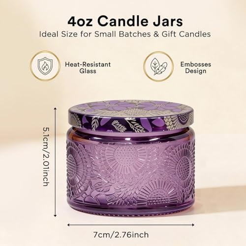 LumaCraft Luxury Embossed Glass Candle Jars for Making Candles - 12 Pack Empty Candle Containers with Airtight Metal Lids, 20 Wicks & 20 Stickers, Colored Glass Jars for Gifts & Decor-4oz - Image 6