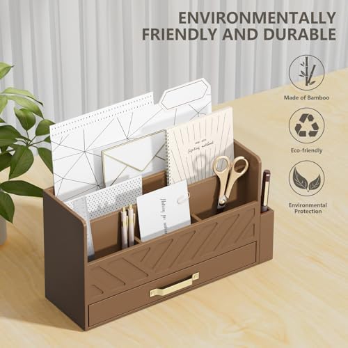 Bamboo Mail Organizer Countertop Pen Holder Wooden Desktop Storage Drawers - Image 2