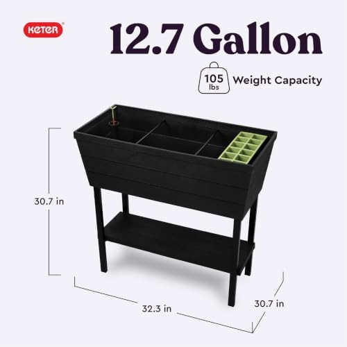Keter Urban Bloomer 12.7 Gallon Raised Garden Bed and Outdoor Herb Garden Planter with Self Watering Gauge and Drainage Plug, Dark Grey - Image 2