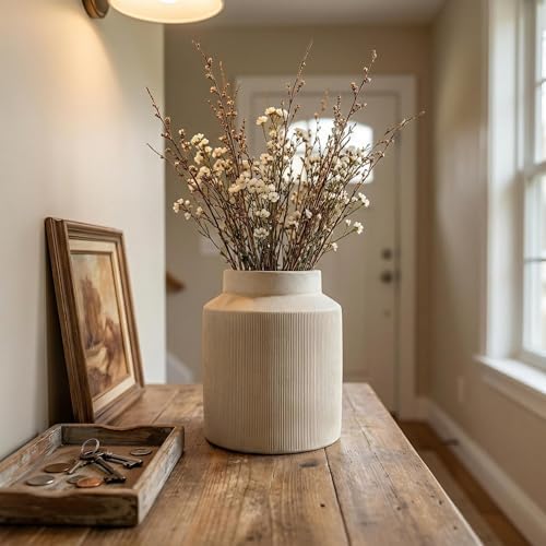 Rustic Terracotta Flower Vase, 7.5 Inch Aged Off-White Ceramic Pot for Dried Arrangements, Farmhouse Boho Centerpiece for Living Room, Entryway, Airbnb & Shelf Decor - Image 2