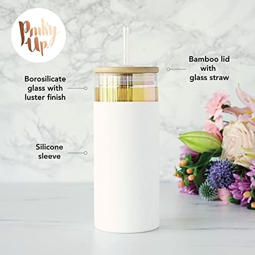 Pinky Up Katherine Insulated Glass Tumbler with Lid, Straw and Silicone Sleeve, Iced Coffee Tumblers, Smoothie Cup to Go, 24 oz, Set of 1, White - Image 2