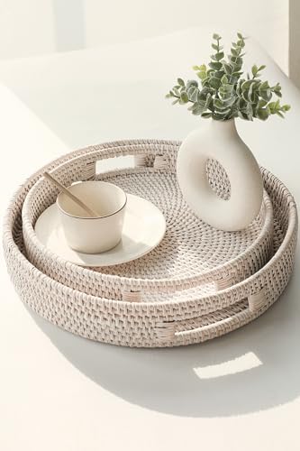 HITOMEN Hand-Woven Round Rattan Serving Tray Decorative Ottoman Wicker Platter with Handles for Coffee Table, Breakfast, Drinks, Snack, Bread, Fruit, Vegetables (Whitewash Set of 2: M+L) - Image 4