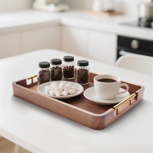 Acacia Wood Serving Tray with Handles, 17x13 Inch Ottoman Tray for Coffee Table,Candle Display,Breakfast in Bed, Large Wooden Decorative Tray with Non-Slip Pads, for Kitchen, Dining, Home Decor - Image 6