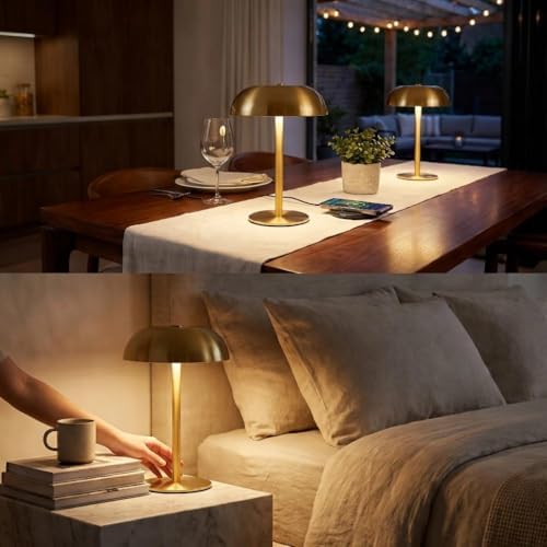 2 Pack Portable LED Mushroom Table Lamp, Metal Cordless Desk Night Light, Stepless Dimming Touch Lamp with 3 Colors for Bedroom Bedside Restaurant Bar, Golden - Image 4