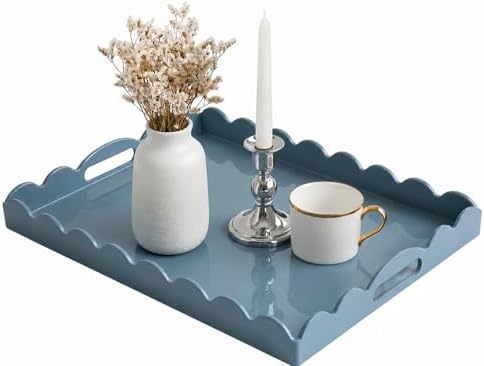 Gesodant Scalloped Glossy Plastic Lacquer Decorative Tray, 15.7 x 11.8 Inch Rectangle Serving Tray with Handles for Coffee Table, Ottoman, Bedroom Vanity, Living Room Centerpiece (Dusty Blue) by Gesodant+
