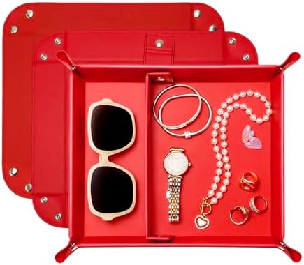 UnionBasic Medium Valet Tray, Jewelry Tray for Rings Watches Earrings, Entryway Catchall Caddy for Coins Keys Change, Nightstand Bedside Valet Holder, Trays for Electronic Gadgets, Red Plus by UnionBasic