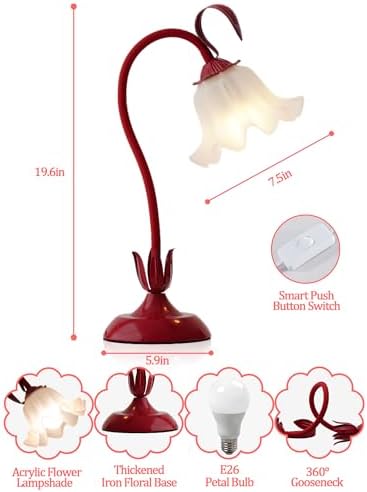 Flower Table Lamp, LED Reading Light Bedside Vintage Night Light (Red) - Image 6