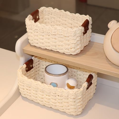 QINGTUHONE Woven Paper Rope Wicker Basket for Organizing(Set of 3,Beige) - Image 4