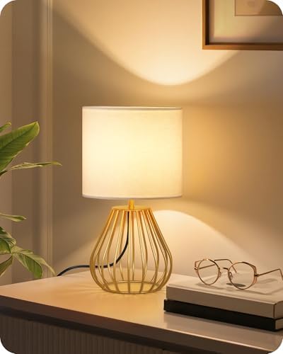 Gold Table Lamp, 12.6 Inch Small Bedside Lamp with 2700K LED Bulb by GOEBLESON