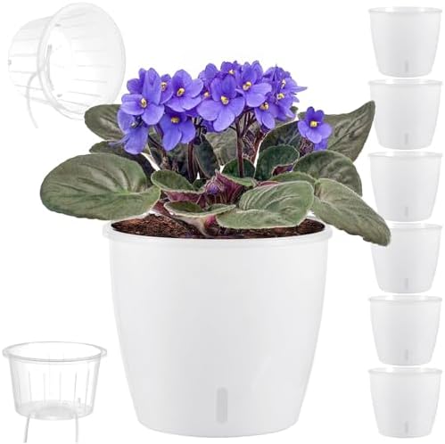 Self Watering Pots for Indoor Plants, 6-Pack 6.7'' Self Watering Planter with Drainage Holes, Small African Violet Pots with Water Indicator, Clear Wick Orchid Pot, White by KvyusFlourish