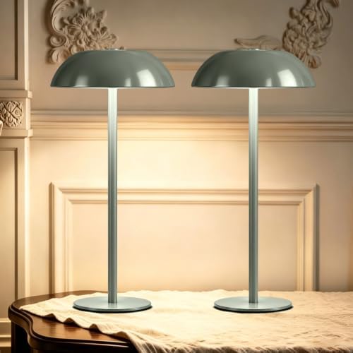 2 Pack Portable LED Mushroom Table Lamp, 12H Cordless Metal Night Light with Rechargeable Battery, Stepless Dimmable 3 Colors Desk Lamp for Bedroom Bar Coffee Shop(Green) by Unknown
