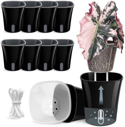 8 Pack 4" Self Watering Pots for Indoor Plants, Clear Inner Cup, Small Black Plastic Planters, Water Level Indicator, Drainage Holes, Extra 3ft Wick, Cuttings,Seedlings,Herb,African Violets by Vandorelle