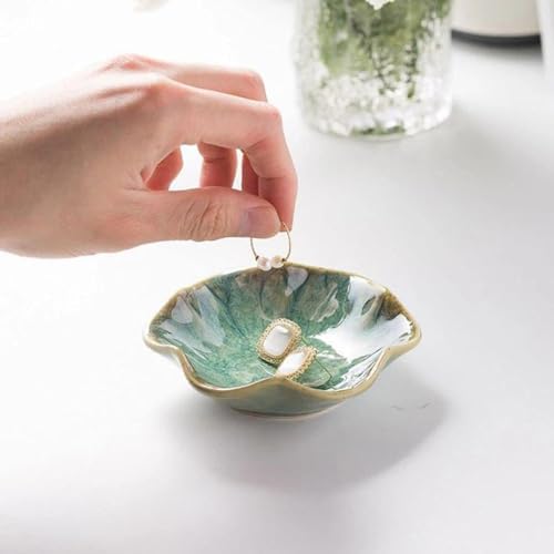 Ceramic Jewelry Dish Tray - 4-Leaf Clover Ring Holder Lotus Trinket Tray, Elegant Decorative Gift for Women (2Pcs Green - Lotus Leaf) - Image 3