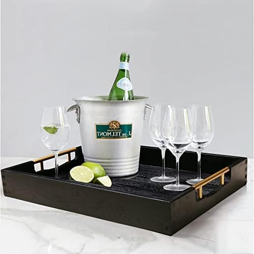 LotFancy 17x13 Inch Wood Serving Tray with Metal Handles, Black - Image 6