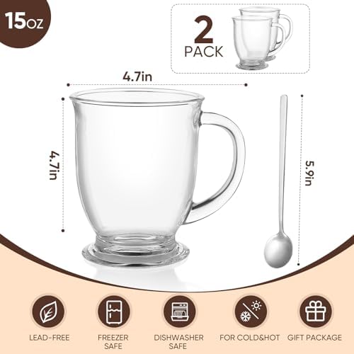VENVENWEAVS Glass Coffee Mugs Set of 2,15 OZ Lead-free Clear Coffee Cups For Cappuccino,Latte,Tea,Glass Coffee Cups with handles - Image 4