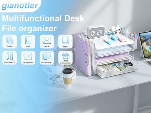 gianotter Wood Desk Organizers and Accessories with File Holder, 4-Tier Desk Accessories & Workspace Organizers with Drawer and 2 Pen Holder, Desk Reference Organizer (White, 4T with Metal Drawer) - Image 3