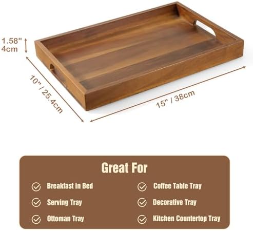 15 Inch Acacia Wood Serving Tray with Handles - Wooden Tray for Ottoman, Breakfast in Bed, Dinner, Coffee Table - Decorative Rectangular Tray for Living Room Bedroom Entryway and Kitchen - Image 6