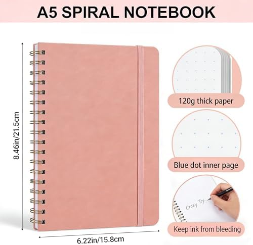 Dot Grid Journal Starter Kit, A5 Spiral Notebook with Stencil Ruler, Date & Color Stickers, Hardcover, 120gsm Thick Paper, Subtle Blue Dotted Pages for Planning, Study & Work - Pink - Image 2