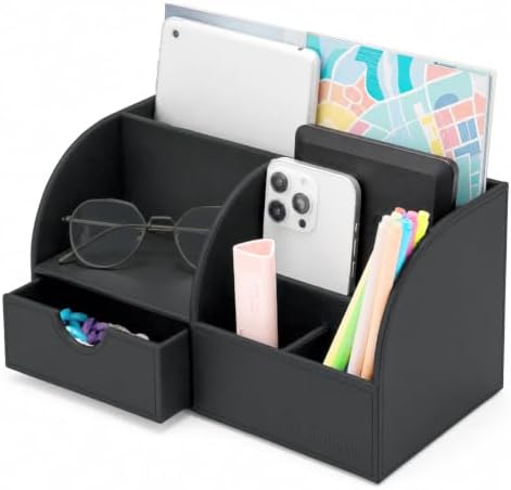 UnionBasic Desk Organizer - Multifunctional Leather Desktop Pen Holder Storage Box - Business Card/Pen/Pencil/Mobile Phone/Stationery Holder, Taiga Dark Gray by UnionBasic