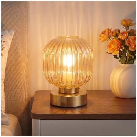Elenhome Amber Touch Glass Table Lamp, 3-Way Dimmable Bedside Lamp, Vintage Mid-Century Modern Small Nightstand Lamp for Bedroom and Living Room, Ambient Mood Lighting, LED Bulb Included by Elenhome
