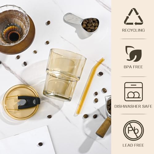 13oz Reusable Iced Coffee Tumbler with Lids,Clear Tumbler Water Glass,2 Pack Glass Cups with Straw and Lid,Glass to go Coffee Cup for Drinking Matcha, Water, and Juice(Amber - Image 3