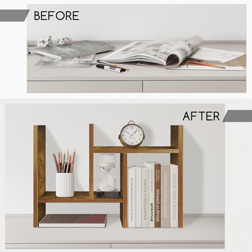 Jerry & Maggie Desktop Organizer Office Storage Rack Adjustable Wood Display Shelf Free Style Double H, Multi-Functional Mini Bookshelf for Desk Natural Stand (Natural Wood Tone) - Image 3