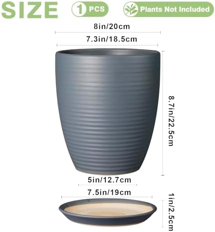 8 Inch Ceramic Plant Pot Large Planter Pot for Plants Indoor Outdoor Glaze Flower Pot with Drainage Hole and Saucer Gray - Image 3