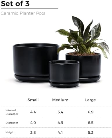 Flower Pots,Ceramic Pots with Drainage Holes & Saucer Set of 3(Matte Black) - Image 3