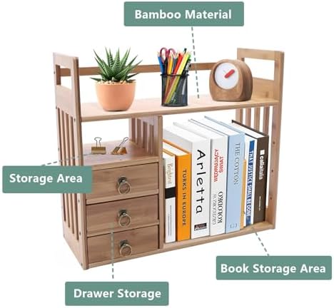 Bamboo Desktop Bookshelf with Drawers, Tabletop Bookshelves with 3 Drawers, Desktop Bookshelf Organizer Table Top Organizer Bamboo Desk Organizers for Office and Home (Natural) - Image 4
