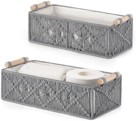 Mkono 2Pc Macrame Storage Basket, Boho Decor Toilet Paper Organizer, Grey by Mkono