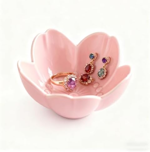 Pink Flower Ring Dish Jewelry Tray, Ceramic Jewelry Dish, Cute Small Trinket Tray, Nightstand Bathroom Decor Ring Holder, Jewlery Plate Bowl for Christmas Friendship Birthday Gifts for Women by BESSKON