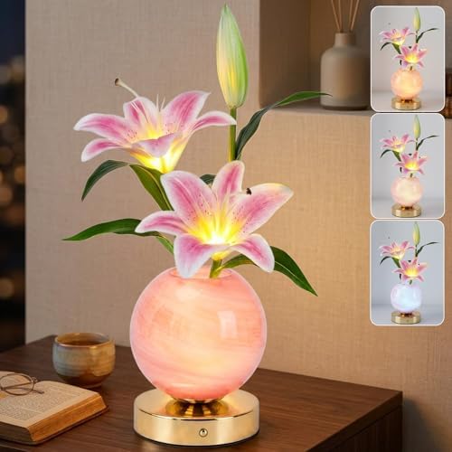 Lily Table Lamp, 3 Color Planet Night Light, Rechargeable Cordless Touch Dimming Artificial Flower Light, LED Flower Bedside Lamp Romantic Gifts for Girl Women Mom (Pink Lily) by Strackvial