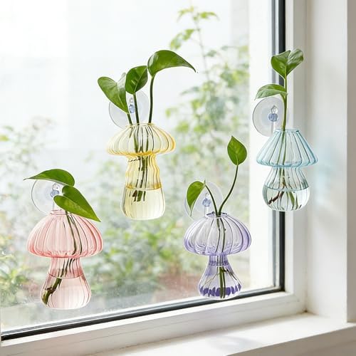 Bunmery Window Propagation Stations, 4 pcs Colored Mushroom Plant Propagation Station with Suction Cups, Easy to Install Window Hanging Planer, Indoor No Nails Glass Vase Terrarium for Plants&Flowers - Image 2